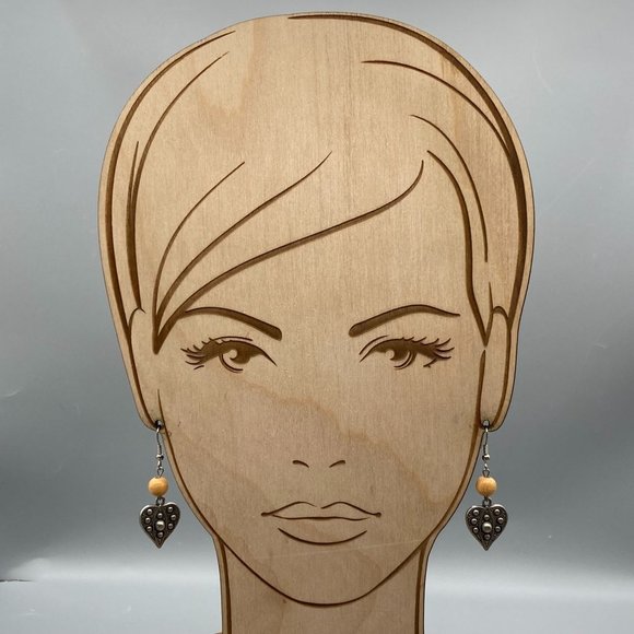 Vintage Boho Heart Drop Earrings, Wooden Bead and Brutalist Heart Dangle - Picture 3 of 6